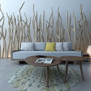 Modern double sofa log sofa coffee table combination 3d model