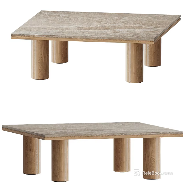 Modern Wooden Coffee Table With Cylindrical Legs And Rectangular Top 3d model