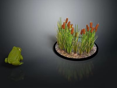 Green Frog Sitting Beside Circular Water Grass Model With Orange Flowers And Soil 3d model