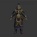 Man In Full Body Ancient Warrior Armor With Golden Decorations And Helmet