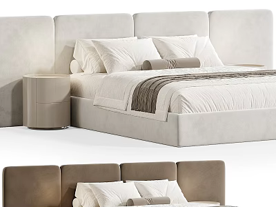 Modern Beige Double Bed With Upholstered Headboard Matching Nightstand Soft Pillows And Striped Bedspread 3d model