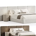 Modern Beige Double Bed With Upholstered Headboard Matching Nightstand Soft Pillows And Striped Bedspread