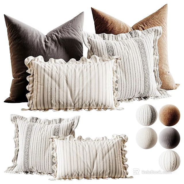 Collection of Stylish Striped and Ruffled Edge Pillows in Gray and Beige Tones 3d model 