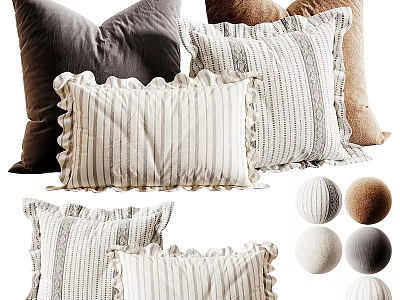 Collection of Stylish Striped and Ruffled Edge Pillows in Gray and Beige Tones 3d model