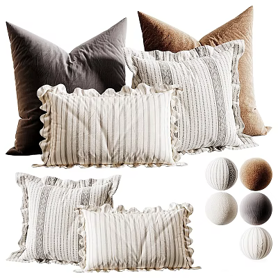 Collection of Stylish Striped and Ruffled Edge Pillows in Gray and Beige Tones 3d model