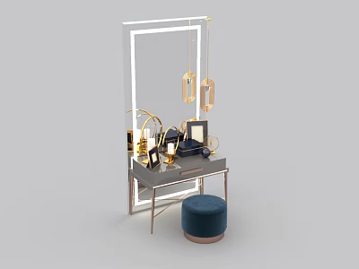 Modern Dressing Table With Large Mirror Blue Stool And Gold Decorative Accents 3d model