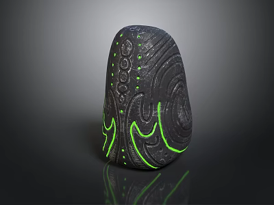 Black Stone Sculpture With Intricate Glowing Green Pattern And Decorative Design 3d model