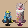 Two Decorated Celebration Cakes Blue Starry Night Sunflower And White Emily 10 Floral Topper