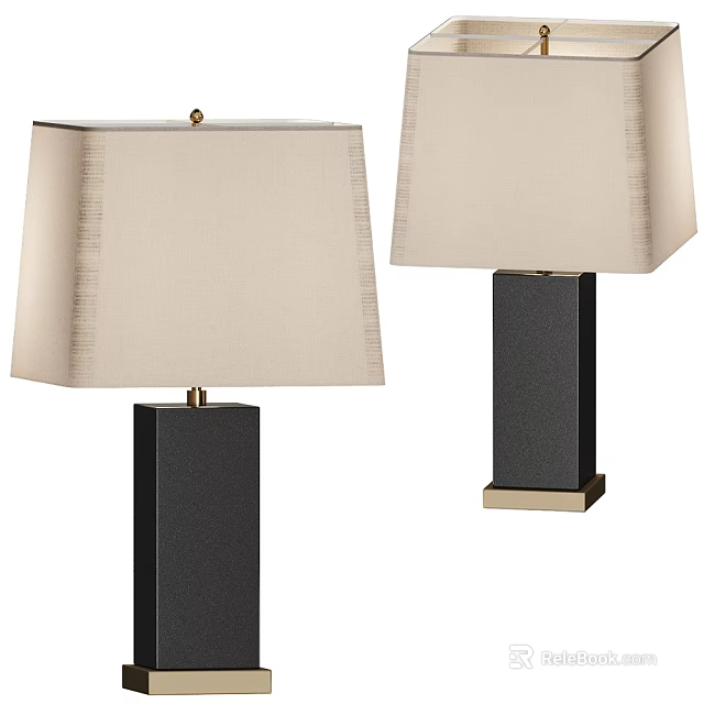 Contemporary Pair of Table Lamps With Beige Fabric Shade Black Square Base And Gold Accent 3d model 