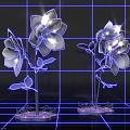 Art Installation Featuring Illuminated White Flowers With Blue Grid Background And Neon Light Effect 3d model