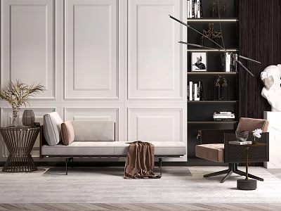 Modern Living Room Interior With Chaise Lounge White Paneled Walls Dark Bookshelf And Floor Lamp 3d model