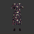 Short Sleeved Dark Dress With Pink White Floral Pattern And Brown Shoes For Daily Use