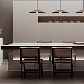 Modern Minimalist Restaurant Interior With Long Dining Table Chairs Pendant Lights And Plant Decor