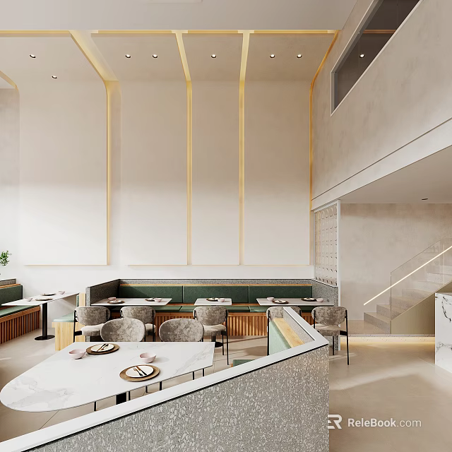Modern Restaurant Interior With Gold Accent Lines Booth Seating Neutral Walls And Dining Tables 3d model 