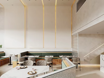 Modern Restaurant Interior With Gold Accent Lines Booth Seating Neutral Walls And Dining Tables 3d model