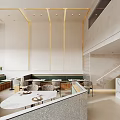 Modern Restaurant Interior With Gold Accent Lines Booth Seating Neutral Walls And Dining Tables