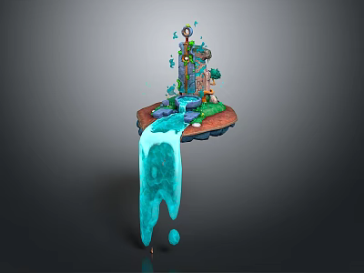 Magical Cartoon Floating Island Scene With Tower Blue Waterfall And Green Plants 3d model