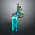 Magical Cartoon Floating Island Scene With Tower Blue Waterfall And Green Plants