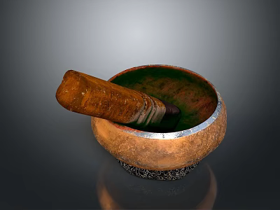 Ceramic Mortar and Wooden Pestle Practical Household Tool for Daily Kitchen Grinding Needs 3d model