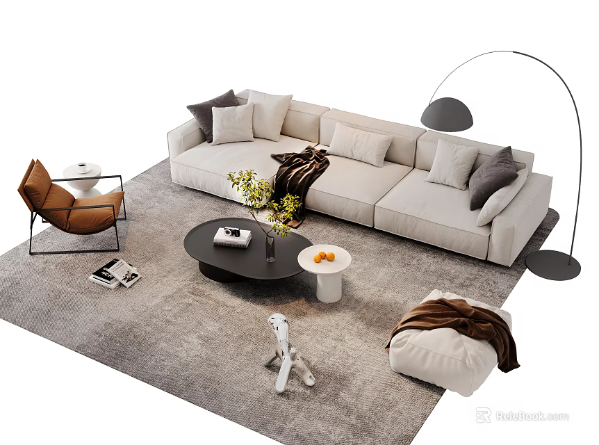 Beige Sofa Coffee Table Set with Gray Cushions Brown Accent Chair and Floor Lamp 3d model 
