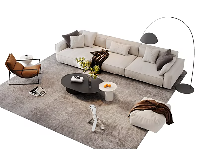 Beige Sofa Coffee Table Set with Gray Cushions Brown Accent Chair and Floor Lamp 3d model