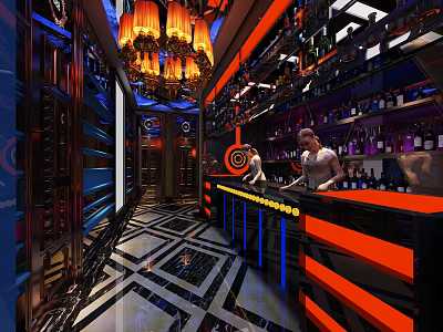 Luxurious Hotel Lobby Interior With Crystal Chandelier Bar Counter Wine Bottles And Ambient Lighting 3d model