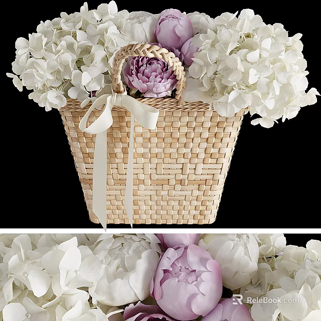 Wicker Basket With White Ribbon Bow Holding White Hydrangeas And Purple Peonies 3d model 