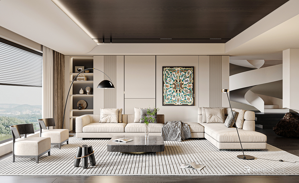Modern Living Room Interior Design With Sectional Sofa Striped Rug Coffee Table And Decorative Art 3d model 