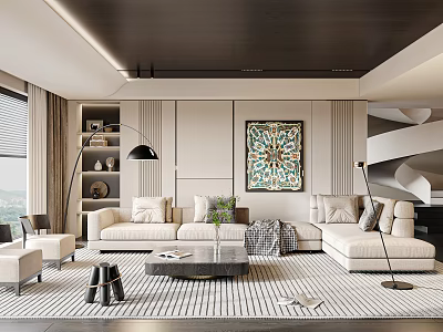 Modern Living Room Interior Design With Sectional Sofa Striped Rug Coffee Table And Decorative Art 3d model