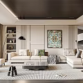 Modern Living Room Interior Design With Sectional Sofa Striped Rug Coffee Table And Decorative Art