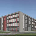 Modern Industrial Factory Building With Glass Windows Red White Exterior Multi Storey And Parking Area