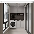 Home Balcony Laundry Area With White Storage Cabinets Sink Window Blinds And Decorative Plant