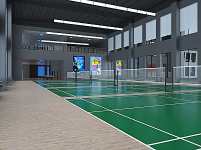 Indoor Badminton Court With Green Floor And White Lines In Sports Gymnasium 3d model