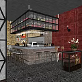 Industrial Style Bar Interior with Bar Counter High Stools Patterned Tiles and Decorative Plant