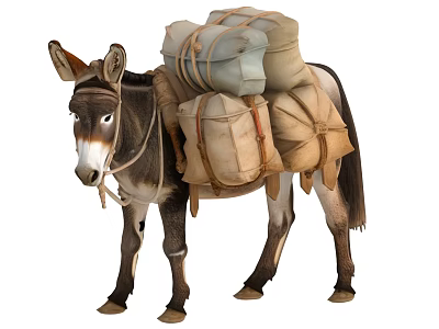 Donkey Loaded With Multiple Cloth Packs Standing Still On White Background 3d model
