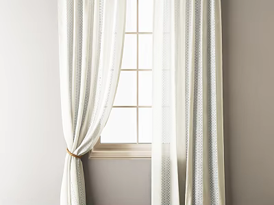 White Curtains With Dotted Patterns For Window Pane Interior With Tieback 3d model