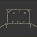 Rustic Wooden Platform Structure With Top Beam Three Hooks And Small Stools