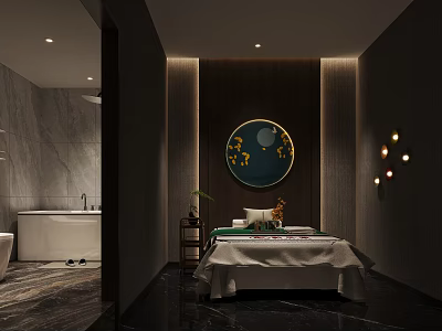 Modern SPA Sauna Interior Design With Massage Bed Round Decor And Ambient Lighting 3d model