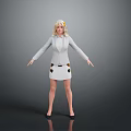 Blonde Woman Standing In White Blazer And White Skirt Against Gray Background