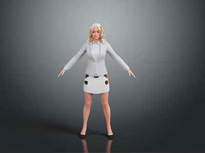 Blonde Woman Standing In White Blazer And White Skirt Against Gray Background 3d model