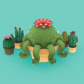 Cartoon Octopus Shaped Cactus With Red Flowers And Small Potted Plants On Light Blue Background