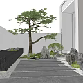 Zen Courtyard Garden Design With Pine Tree Rocks Stepping Stones And Fountain
