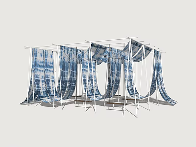 Blue And White Tie Dye Fabrics Hanging On White Racks For Artistic 3d model