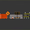 Road Construction Safety Equipment Including Red Barrel Yellow Warning Sign Traffic Cone And Striped Barriers