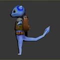 3D Blue Game And Movie Character With Big Eyes Brown Vest Red Belt Arms Outstretched