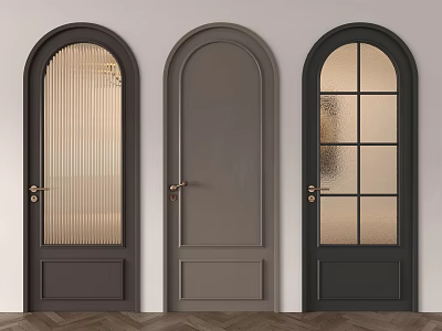 Stylish Arched Hinged Doors With Various Glass Golden Handles Dark Gray Black Finishes Wooden Floor 3d model