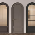 Stylish Arched Hinged Doors With Various Glass Golden Handles Dark Gray Black Finishes Wooden Floor