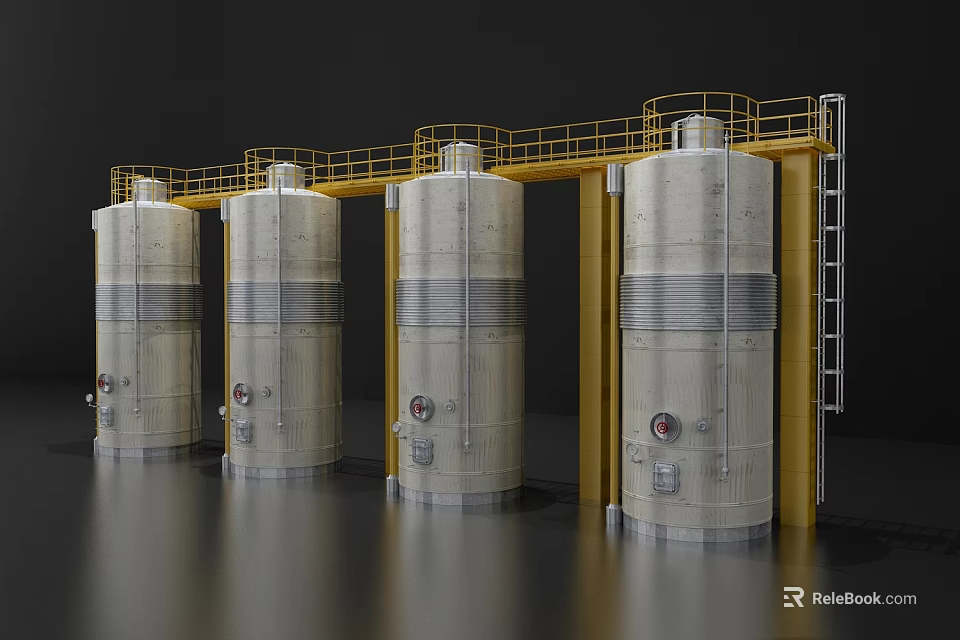 Four Heavy Duty Industrial Cylindrical Storage Tanks with Yellow Metal Frames and Ladders 3d model 