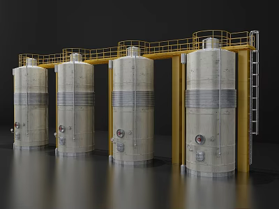 Four Heavy Duty Industrial Cylindrical Storage Tanks with Yellow Metal Frames and Ladders 3d model