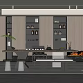 Modern Tea Room Interior with Wooden Shelves Tea Sets Long Table and Green Plants